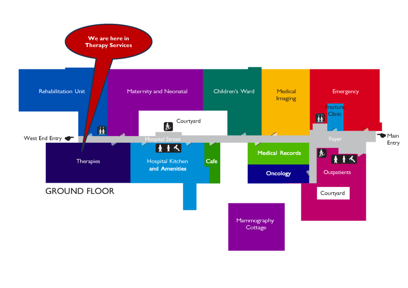 Floor plan of Southland Hospital showing Child development services is in the Therapies services area on the ground floor buy the West End entry.